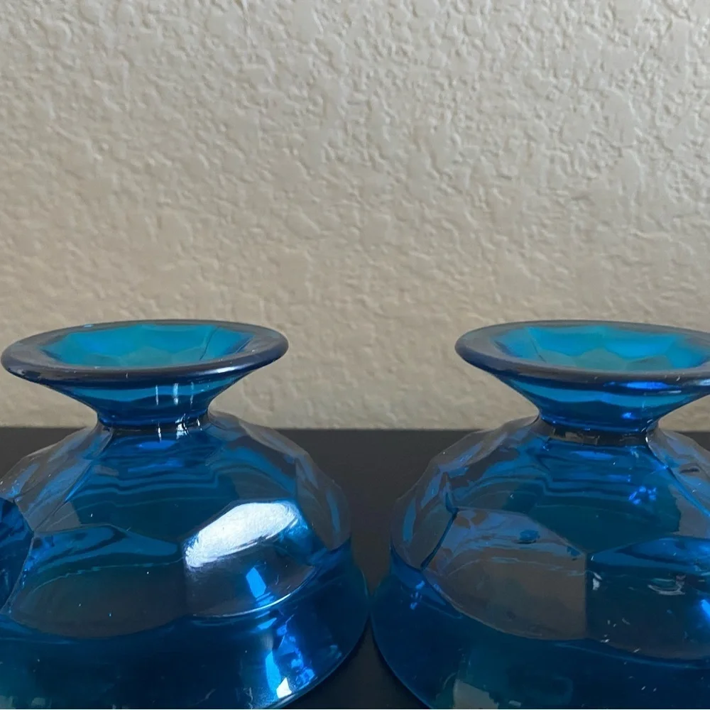 3 Viking Glass Bluenique Georgian Thumbprint Footed Blue Glass Dessert MCM Bowls